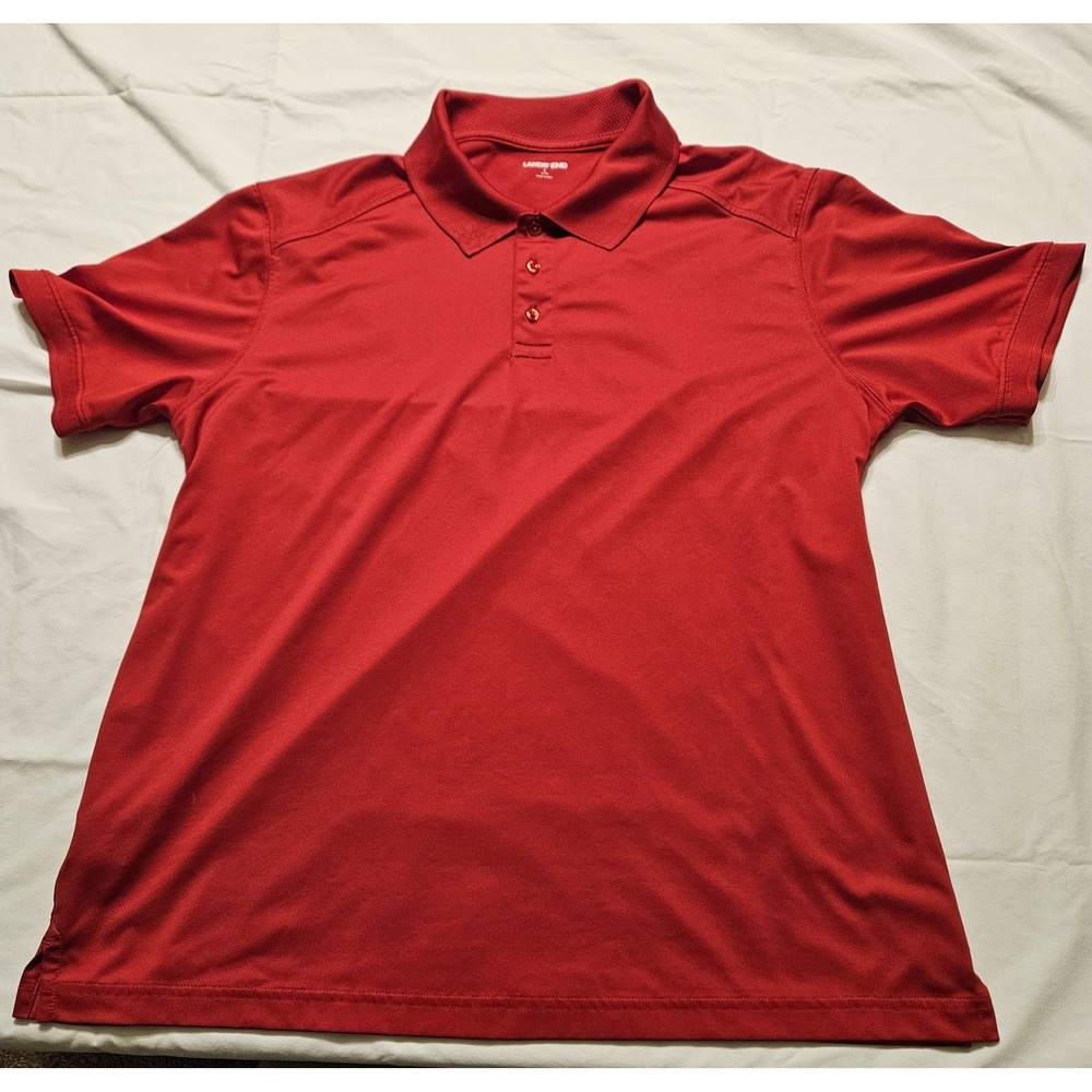 Land's End Mens L Polo Shirt Short‎ Sleeve Solid Red Polyester Blend